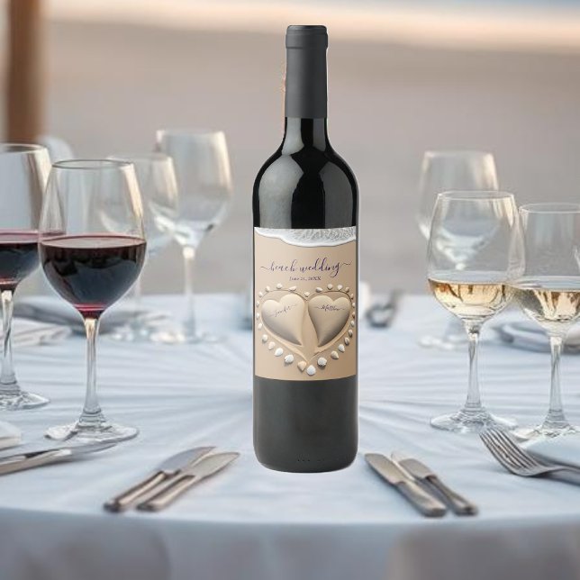 Rótulo De Garrafa De Cerveja Beach Wedding Sand Hearts (Beach Wedding Sand Hearts Wine Label )