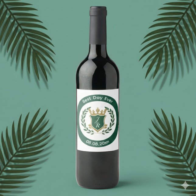 Rótulo De Garrafa De Cerveja Best Day Ever Wedding Monogram Green Gold Crest (Best Day Ever Label)
