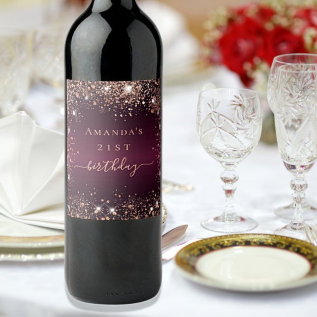 Rótulo De Garrafa De Cerveja Birthday Burgundy - rosa dourado script (Criador carregado)