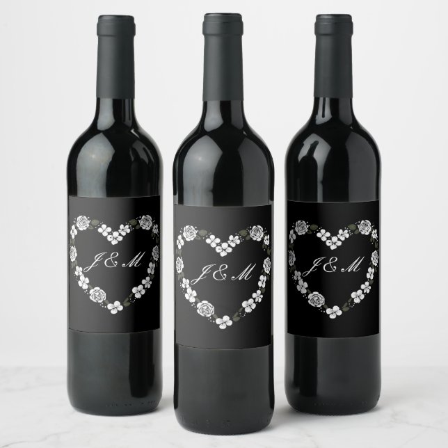 Rótulo De Garrafa De Cerveja Black and White Floral Heart Monogram Wedding Wine (Garrafas)