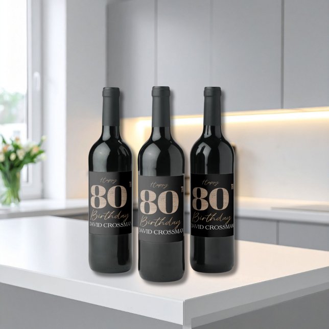 Rótulo De Garrafa De Cerveja Black & Gold Elegant Glitter 80th Birthday  (Criador carregado)