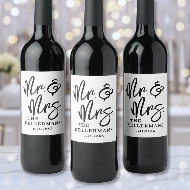 Rótulo De Garrafa De Cerveja Black White Script Wedding (Black White Script Wedding Wine Label )