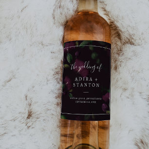 Rótulo De Garrafa De Cerveja Blooms Roxos Sombrios   Casamento com Padrão Preto