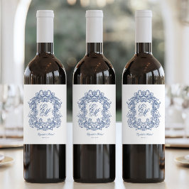 Rótulo De Garrafa De Cerveja Blue Elegant Monogram Crest Vintage Wedding