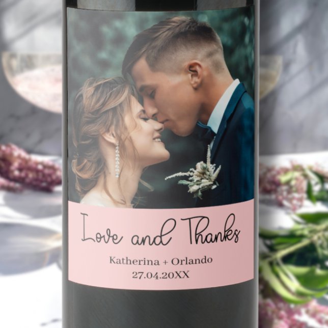 Rótulo De Garrafa De Cerveja Blush Pink Elegant Wedding Love and Thanks Photo (Criador carregado)