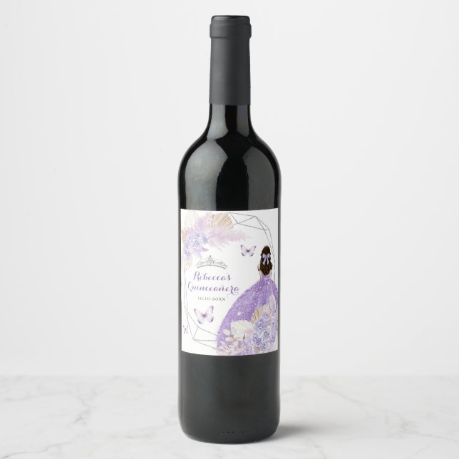 Rótulo De Garrafa De Cerveja Boho Silver Purple Borboleta Floral Quinceañera (Frente)