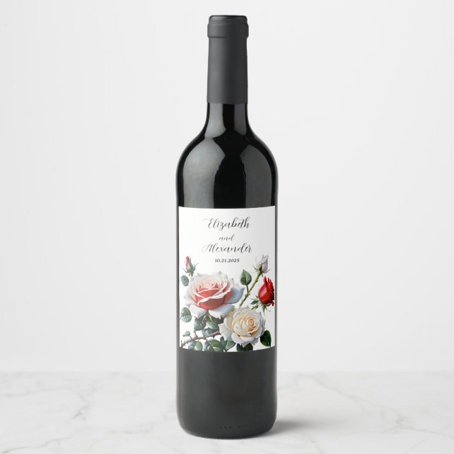 Rótulo De Garrafa De Cerveja Bonito casamento floral de rosas vermelhas brancas (Frente)