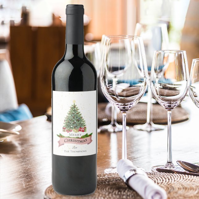 Rótulo De Garrafa De Cerveja Bonito White Faux Pink Glitter Feliz Natal (Pretty White Faux Pink Glitter Merry Christmas Wine Label)