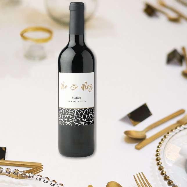 Rótulo De Garrafa De Cerveja Botânica deixa o padrão Sr & Sra Data (Botanical Leaves Pattern Mr & Mrs Name Date Wine Label)