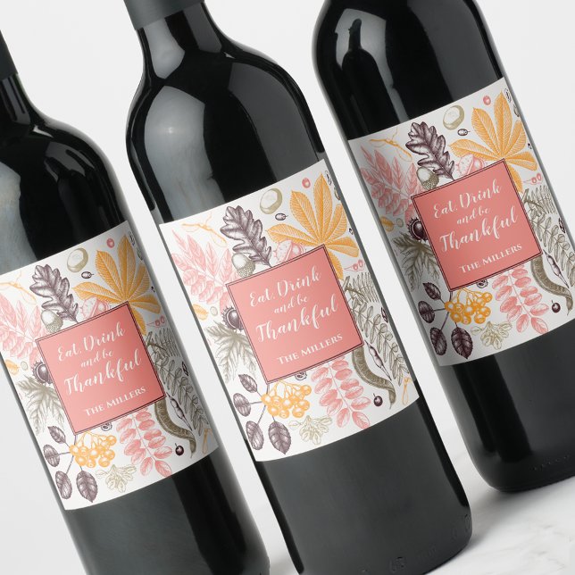 Rótulo De Garrafa De Cerveja Botânicos do Dia de Ação de Graças do Outono (Fall Autumn Thanksgiving Botanicals Wine Bottle Labels)