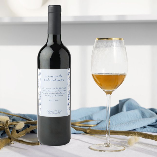 Rótulo De Garrafa De Cerveja Brinde de Casamento Floral de Chinoiserie Blue Ele (Wine bottle labels from Chinoiserie Wedding Collection by Darling & May)