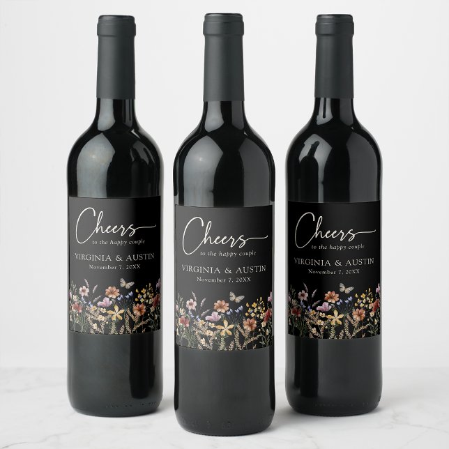 Rótulo De Garrafa De Cerveja Brinde Floral Casamento (Cheers Boho Black Floral Wedding Wine Label by Painted Paperie
)
