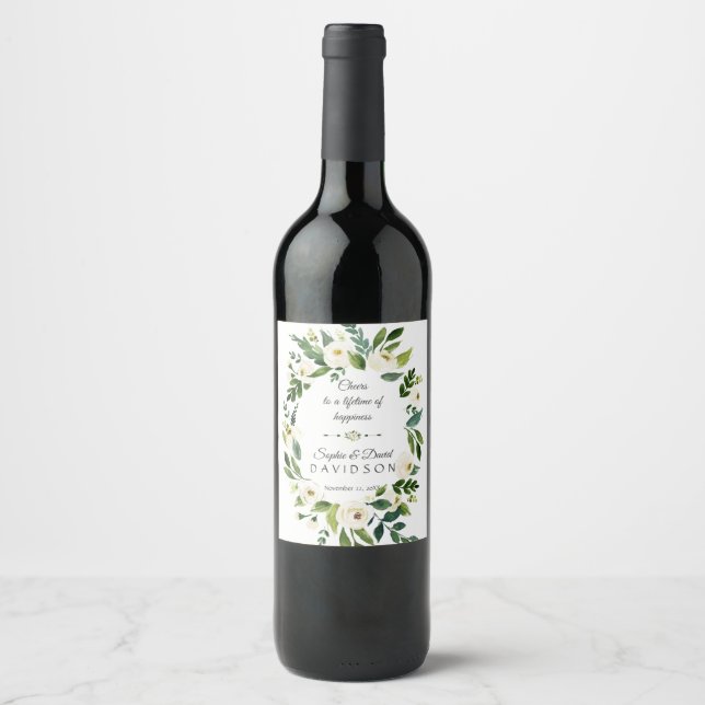 Rótulo De Garrafa De Cerveja Brinde Grinalda Floral Verde Branco Casamento (Frente)