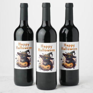 Rótulo De Garrafa De Cerveja Bruxa Gato para Feliz Halloween