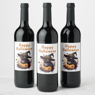 Rótulo De Garrafa De Cerveja Bruxa Gato para Feliz Halloween