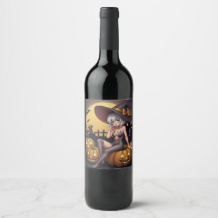 Rótulo De Garrafa De Cerveja Bruxa Quente no Pomar de Abóboras de Halloween