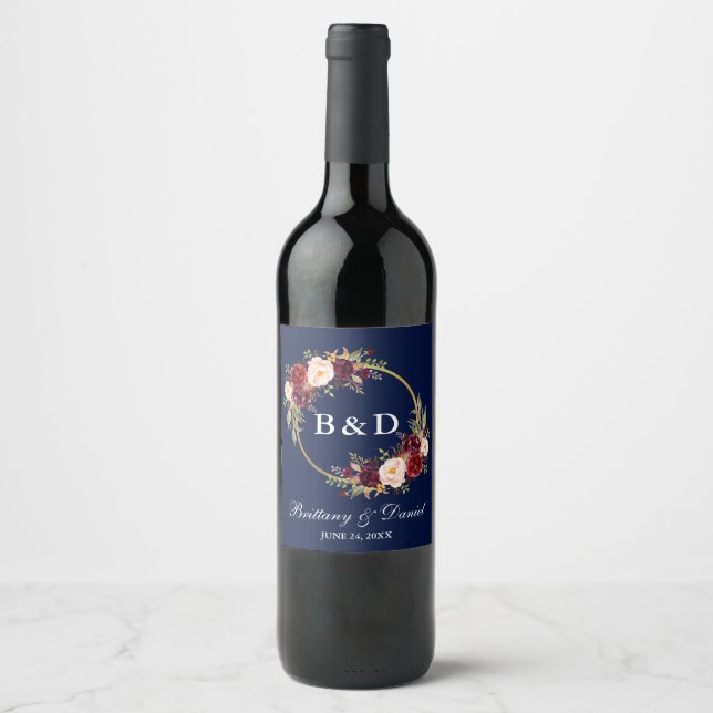 Rótulo De Garrafa De Cerveja Burgundy Floral Wreath Monograma Casamento Azul (Frente)