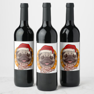 Rótulo De Garrafa De Cerveja Cachorro Pug Fofo Chapéu de Papai Noel Com Flocos 