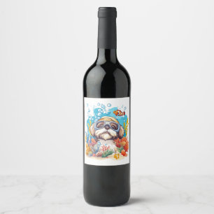 Rótulo De Garrafa De Cerveja Cachorro Shih Tzu Snorkelando no Recife de Coral