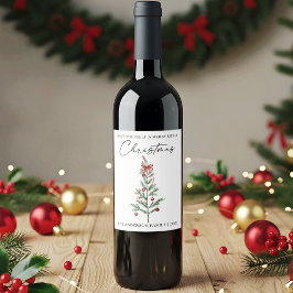Rótulo De Garrafa De Cerveja Caligrafia Aquarela Árvore de Natal Laço Vermelho