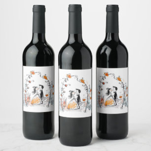 Rótulo De Garrafa De Cerveja Casal de Noivos e Arco Floral Caprichosos em Aquar