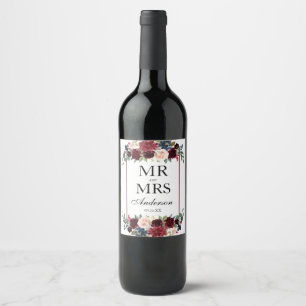 Rótulo De Garrafa De Cerveja Casamento Azul Burgundy Floral Elegante