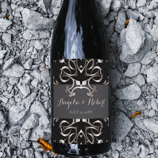 Rótulo De Garrafa De Cerveja Casamento Barroco Negro-Barroco de Bronze Elegante (Criador carregado)