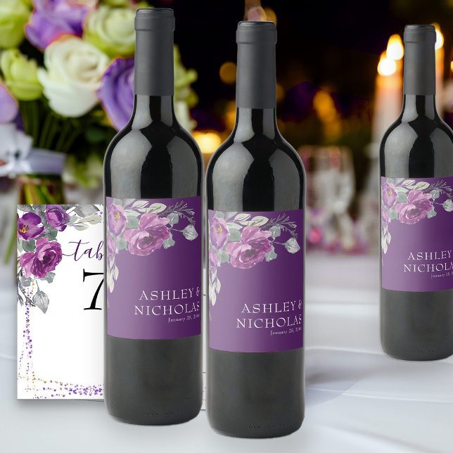 Rótulo De Garrafa De Cerveja Casamento Botânico Purple Floral Modern (Purple floral wine bottle labels from my Plush Purple Wedding Collection )