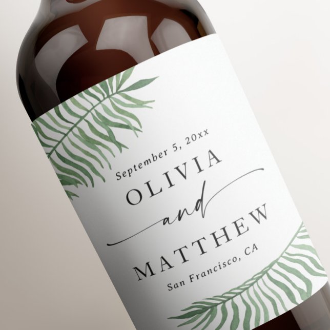 Rótulo De Garrafa De Cerveja Casamento botânico tropical aquático. Folhas de pa (Criador carregado)