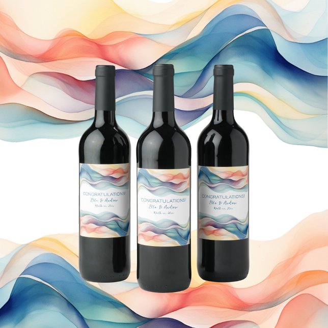 Rótulo De Garrafa De Cerveja Casamento Branco Azul Onda Abstrato Moderno (Modern Abstract Color Wave Blue Wedding Wine Label)