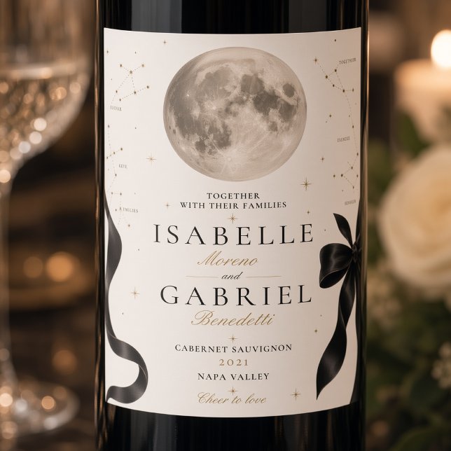 Rótulo De Garrafa De Cerveja Casamento Celestial com Laço Preto ao Luar (Criador carregado)