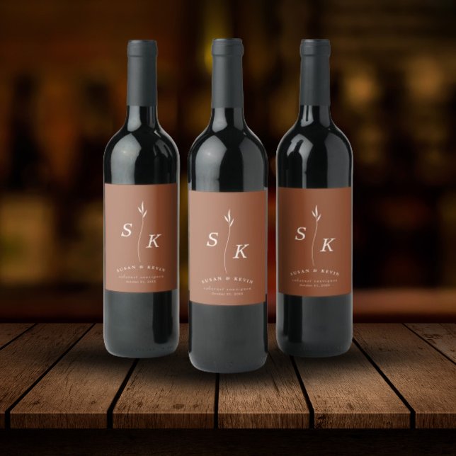 Rótulo De Garrafa De Cerveja Casamento Chic Simples Folha de Folha Monograma (Criador carregado)