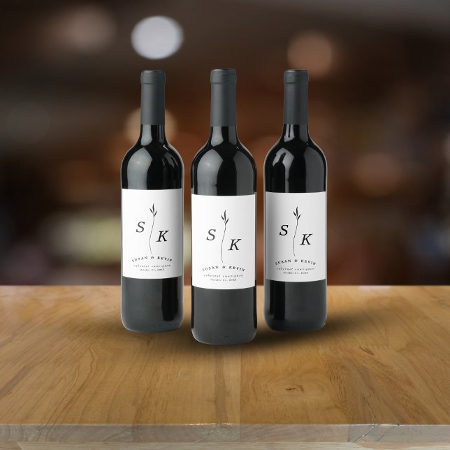 Rótulo De Garrafa De Cerveja Casamento Chic Simples Folha de Folha Monograma (Criador carregado)