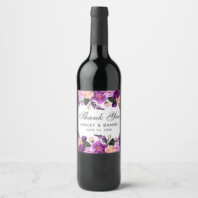 Rótulo De Garrafa De Cerveja Casamento com Aquarela Floral Roxo Ultra Violeta (Frente)