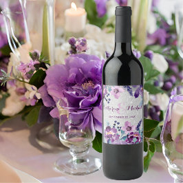 Rótulo De Garrafa De Cerveja Casamento com Floral em Aquarela Roxa e Brilho Pra