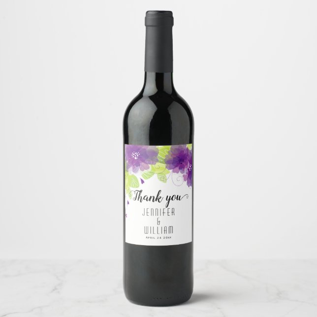 Rótulo De Garrafa De Cerveja Casamento com flores violetas e roxas da caligrafi (Frente)