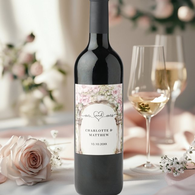 Rótulo De Garrafa De Cerveja Casamento com mrs Heart script Pink florals Arch (Criador carregado)
