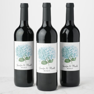 Rótulo De Garrafa De Cerveja Casamento de Flor de Hortênsia em Aquarela Azul Pa