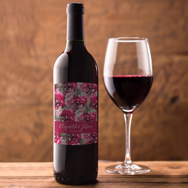 Rótulo De Garrafa De Cerveja Casamento de Flores Rosa Elegante Aquarela (Elegant watercolor pink flowers wine bottle labels personalized for your wedding)