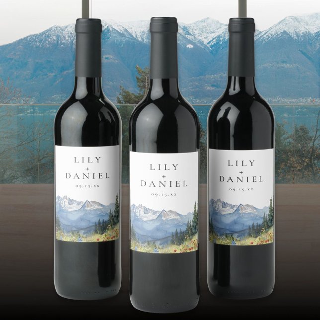 Rótulo De Garrafa De Cerveja Casamento de Flores Selvagem Moderna das Montanhas (Modern Watercolor Mountain Wildflower Wedding Wine Label)
