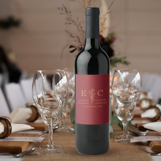 Rótulo De Garrafa De Cerveja Casamento de Monograma Dourado e Vermelho Floral M (Criador carregado)