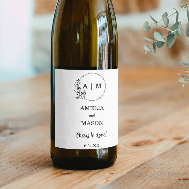 Rótulo De Garrafa De Cerveja Casamento de Monograma Mínimo Preto (Black Minimal Floral Monogram Wedding Wine Label)