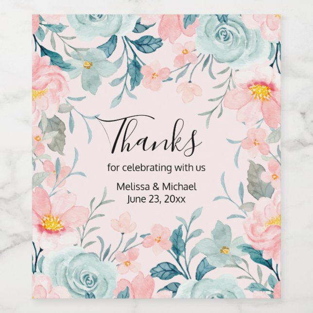 Rótulo De Garrafa De Cerveja Casamento de Quadro Floral Rosa e Verde (Rótulo Único)