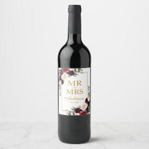 Rótulo De Garrafa De Cerveja Casamento Dourado azul floral elegante de Borgonha