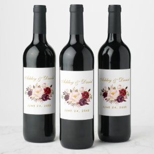 Rótulo De Garrafa De Cerveja Casamento Dourado com Watercolor Floral Burgundy