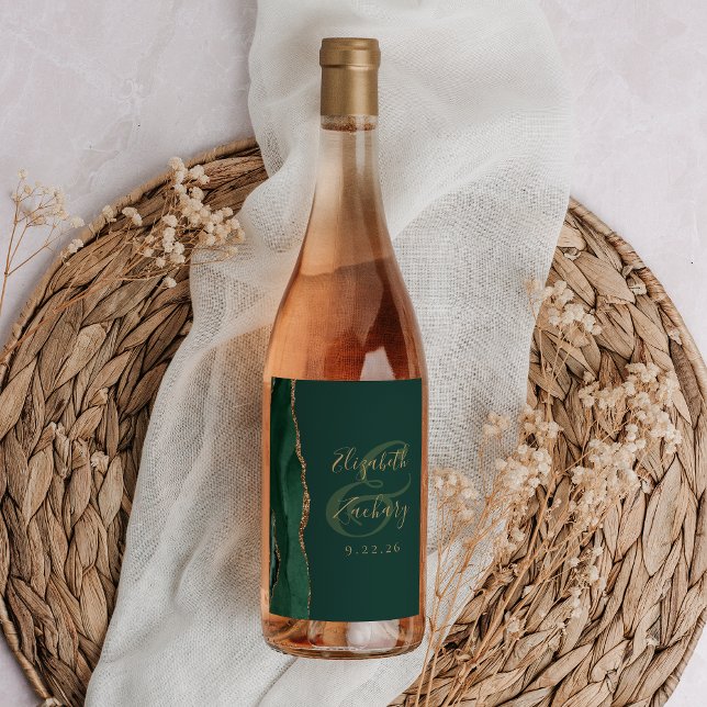 Rótulo De Garrafa De Cerveja Casamento Dourado de Agatos Moderno Emerald Green (Criador carregado)