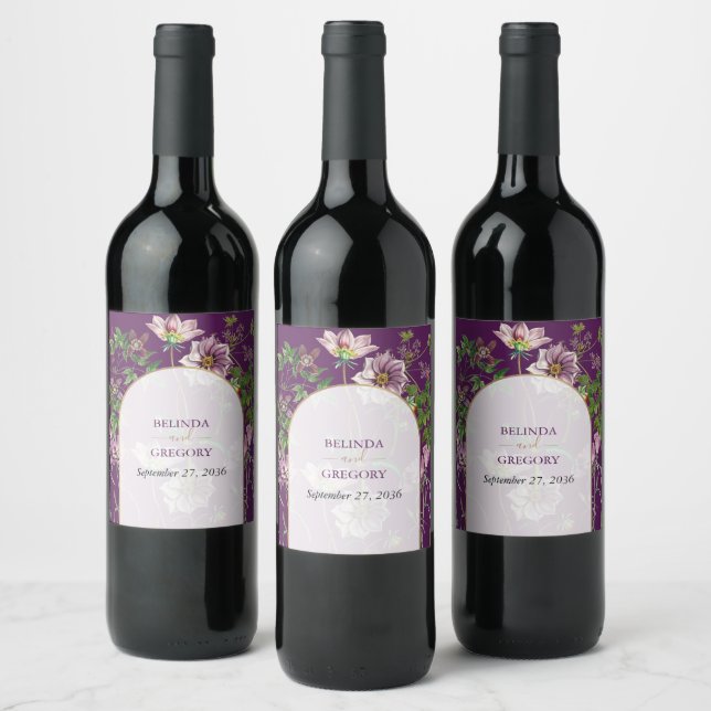 Rótulo De Garrafa De Cerveja Casamento Dourado de Arca com Verde Floral Roxo (Garrafas)