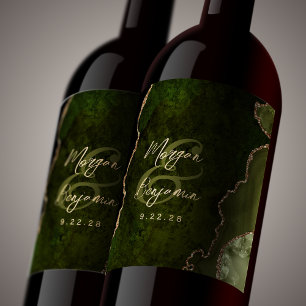 Rótulo De Garrafa De Cerveja Casamento Dourado de Script Agate Verde-Oliva