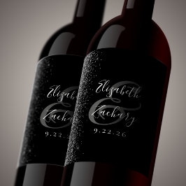 Rótulo De Garrafa De Cerveja Casamento Elegante com Brilho Preto e Prata