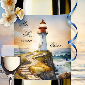 Rótulo De Garrafa De Cerveja Casamento Elegante De Farol De Aquarela